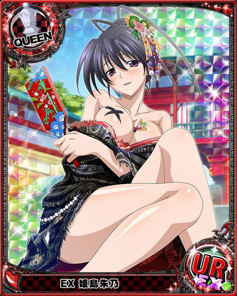 Anime picture 640x800 with highschool dxd himejima akeno single tall image looking at viewer blush breasts open mouth light erotic black hair large breasts purple eyes cleavage traditional clothes japanese clothes torn clothes alternate hairstyle card (medium) hair up girl