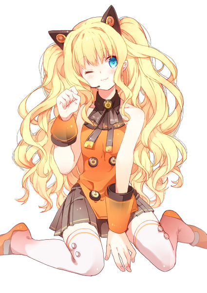 Anime picture 2149x3035 with vocaloid seeu mgmgkyun 826 single long hair tall image highres blue eyes blonde hair smile bare shoulders animal ears one eye closed wink cat ears transparent background girl thighhighs bow