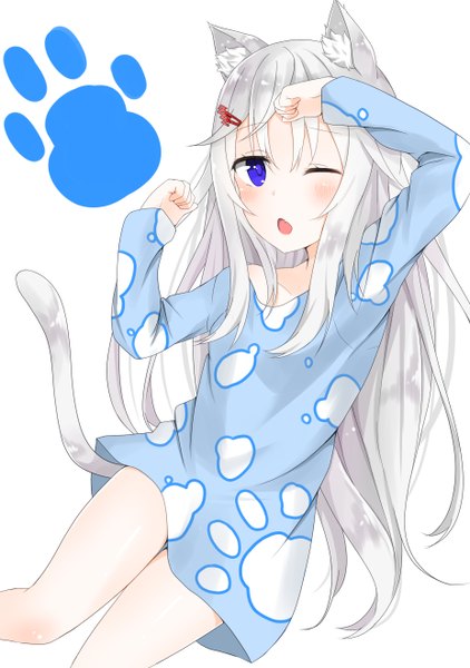 Anime picture 1856x2640 with original hashiko no woto single long hair tall image looking at viewer blush fringe highres open mouth simple background hair between eyes white background purple eyes animal ears silver hair tail animal tail one eye closed cat ears