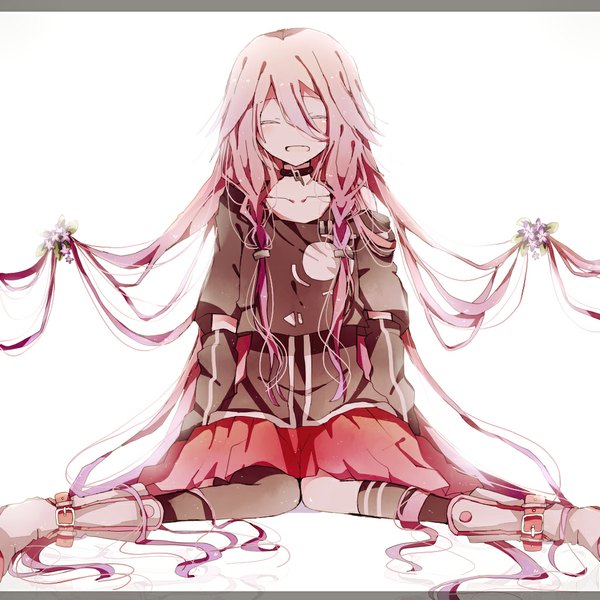 Anime picture 1027x1027 with vocaloid ia (vocaloid) kaneko aaru single blush fringe simple background smile white background sitting pink hair braid (braids) eyes closed very long hair hair flower twin braids asymmetrical legwear girl thighhighs skirt