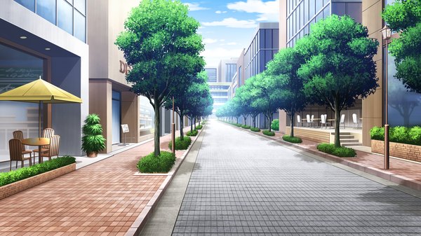 Anime picture 2560x1440 with ojousama wa gokigen naname highres wide image game cg no people plant (plants) tree (trees) building (buildings) road