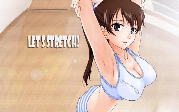 Anime picture 1344x840 with true tears yuasa hiromi blue eyes light erotic brown hair wide image ponytail girl underwear panties striped panties