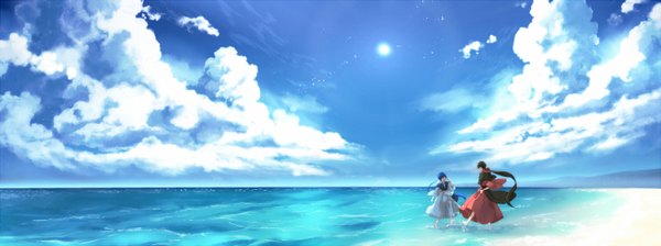 Anime picture 1500x562 with magi the labyrinth of magic a-1 pictures aladdin (magi) monarin long hair brown hair wide image blue hair sky cloud (clouds) braid (braids) barefoot multiple boys beach single braid horizon walking boy water sea