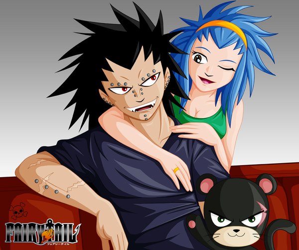 Anime picture 1197x1000 with fairy tail gajeel redfox levy mcgarden panther lily zombiegirl01 long hair open mouth black hair simple background smile red eyes brown eyes green eyes blue hair one eye closed wink inscription piercing ear piercing scar