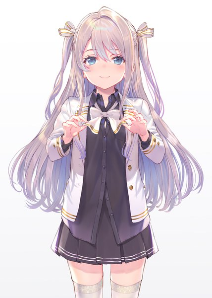 Anime picture 772x1083 with original shirabi single long hair tall image looking at viewer blush fringe blue eyes simple background smile hair between eyes standing white background silver hair long sleeves pleated skirt two side up zettai ryouiki girl