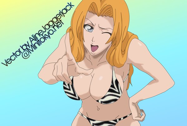 Anime picture 2071x1396 with bleach studio pierrot matsumoto rangiku highres light erotic simple background one eye closed wink orange hair girl swimsuit bikini