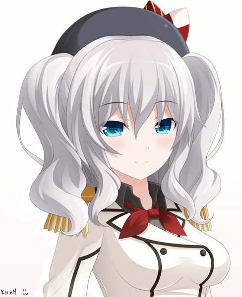 Anime picture 773x950 with kantai collection kashima training cruiser keenh single long hair tall image blue eyes simple background smile white background looking away silver hair girl uniform epaulettes