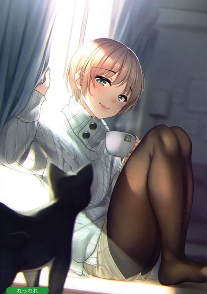 Anime picture 2077x2954 with melonbooks waterdog single tall image looking at viewer blush fringe highres short hair blonde hair smile holding green eyes signed indoors arm up sunlight scan no shoes legwear under shorts