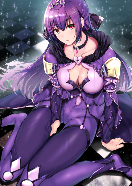 Anime picture 1050x1470 with fate (series) fate/grand order scathach (fate) (all) scathach skadi (fate) nonohachi single long hair tall image looking at viewer fringe breasts open mouth light erotic hair between eyes red eyes large breasts sitting payot purple hair full body