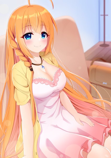 Anime picture 990x1400 with princess connect! re:dive princess connect! pecorine (princess connect!) pecorine (real) (princess connect!) syurimp single long hair tall image looking at viewer blush fringe breasts blue eyes smile hair between eyes large breasts sitting payot cleavage ahoge