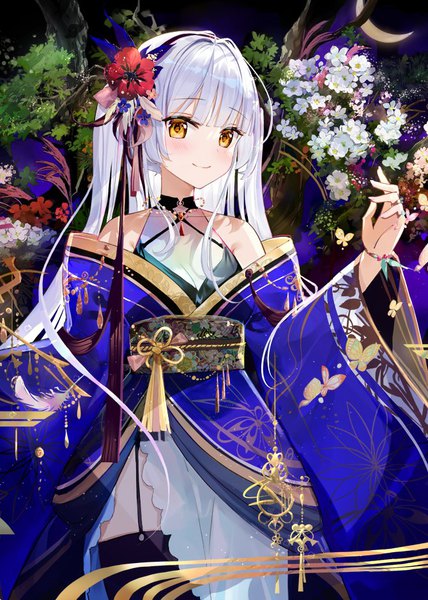 Anime picture 670x940 with original fuumi (radial engine) single long hair tall image looking at viewer blush fringe smile standing yellow eyes silver hair blunt bangs traditional clothes japanese clothes arm up hair flower off shoulder wide sleeves turning head