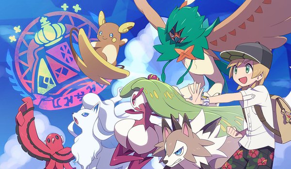 Anime picture 1000x580 with pokemon pokemon sm nintendo you (pokemon) lycanroc tsareena alolan raichu oricorio alolan ninetales decidueye oricorio (baile) agata (agatha) short hair open mouth blue eyes blonde hair wide image looking away sky cloud (clouds)