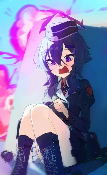 Anime picture 4000x6500 with blue archive haruka (blue archive) ikky single tall image fringe highres hair between eyes sitting purple eyes looking away absurdres purple hair convenient leg explosion girl halo knee boots teardrop field cap