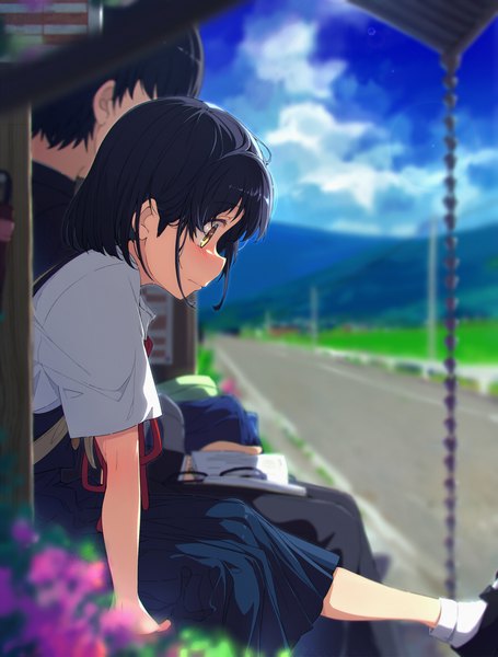 Anime picture 877x1155 with original ogipote tall image blush fringe short hair black hair sitting brown eyes looking away sky cloud (clouds) outdoors profile pleated skirt short sleeves depth of field girl boy skirt