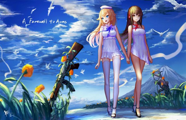 Anime picture 1300x843 with original wangchuan de quanyan long hair open mouth blue eyes blonde hair brown hair multiple girls brown eyes sky cloud (clouds) holding hands mountain flock girl thighhighs flower (flowers) weapon 2 girls animal