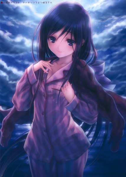 Anime picture 2346x3300 with narcissu shinohara himeko goto p single long hair tall image looking at viewer highres blue eyes black hair scan night girl bow hair bow pajamas