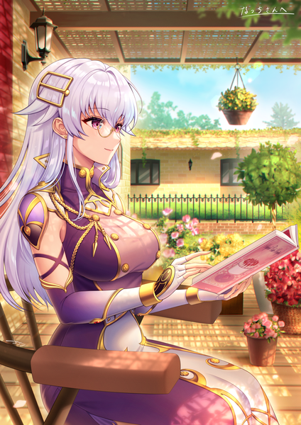 Anime picture 1447x2047 with original milcho single long hair tall image fringe breasts smile hair between eyes large breasts sitting purple eyes holding signed payot looking away sky silver hair outdoors blurry