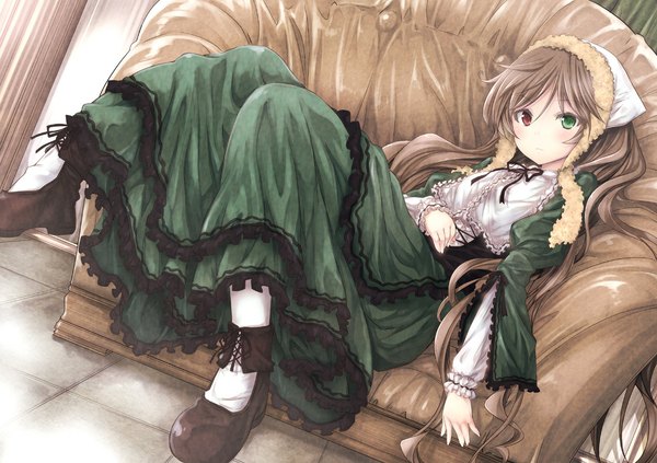 Anime picture 1169x826 with rozen maiden suiseiseki tousen single long hair looking at viewer brown hair loli heterochromia lolita fashion girl dress frills couch