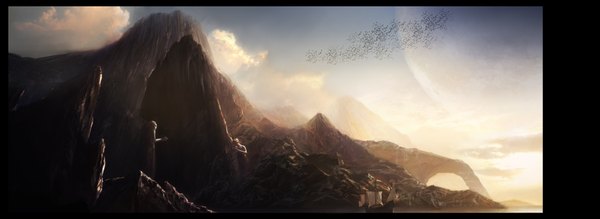 Anime picture 3408x1248 with original wad highres wide image sky cloud (clouds) mountain no people landscape animal bird (birds) watercraft ship statue cave