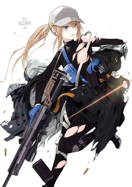 Anime picture 1075x1518 with girls frontline scar-h (girls frontline) mishima hiroji single long hair tall image blush fringe open mouth blue eyes light erotic simple background blonde hair hair between eyes standing white background holding looking away one eye closed open jacket
