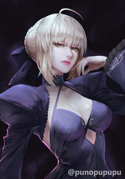 Anime picture 839x1200 with fate (series) fate/stay night artoria pendragon (all) saber alter zeroshiki kouichi single tall image looking at viewer fringe short hair breasts light erotic simple background blonde hair hair between eyes signed yellow eyes payot cleavage upper body