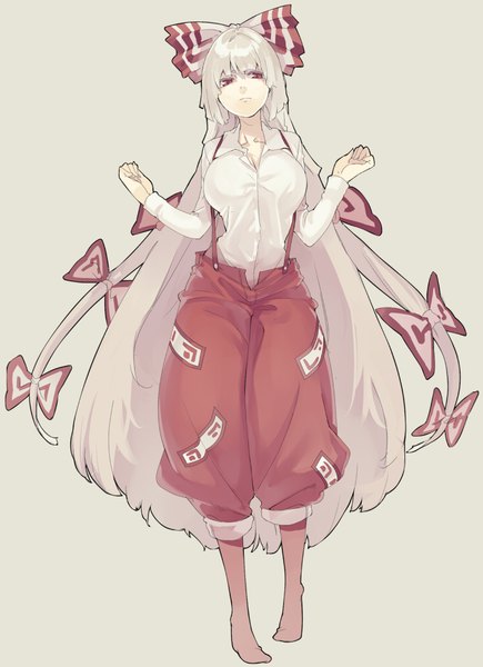Anime picture 740x1020 with touhou fujiwara no mokou muneneko single tall image looking at viewer fringe simple background red eyes white hair very long hair grey background no shoes girl bow hair bow shirt suspenders