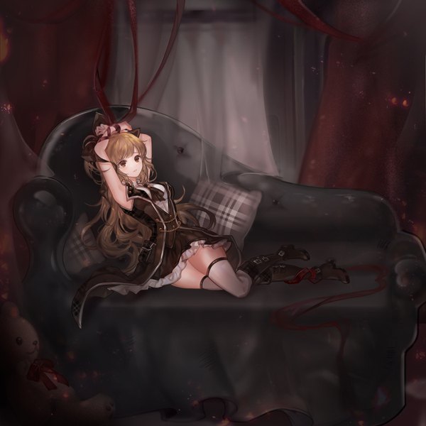 Anime-Bild 3000x3000 mit mabinogi 96dgd single long hair looking at viewer blush fringe highres breasts hair between eyes brown hair brown eyes ahoge bent knee (knees) indoors parted lips arms up high heels tears reclining