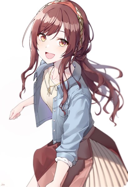 Anime picture 2520x3679 with idolmaster idolmaster shiny colors oosaki amana arjent single long hair tall image looking at viewer highres open mouth simple background brown hair white background brown eyes payot :d open jacket low ponytail denim girl