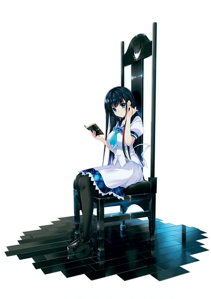 Anime picture 2471x3500 with liber 7 kusunose saaya kawai maria (artist) single long hair tall image looking at viewer highres blue eyes black hair simple background white background sitting scan girl dress pantyhose necktie book (books) chair
