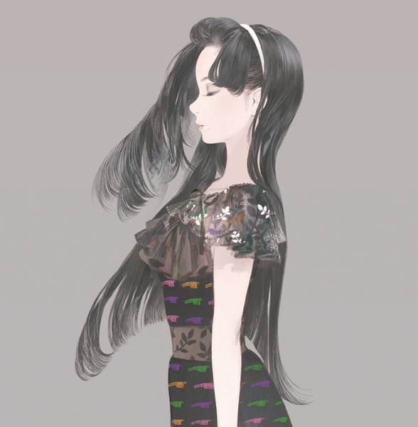 Anime picture 1380x1409 with original reveur rev-chan matayoshi single long hair tall image black hair simple background eyes closed profile grey background mole mole under mouth girl dress hairband