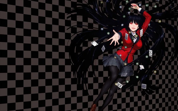 Anime picture 1920x1200 with kakegurui jabami yumeko single looking at viewer fringe highres breasts black hair smile red eyes large breasts full body lying blunt bangs very long hair nail polish pleated skirt on back outstretched hand checkered