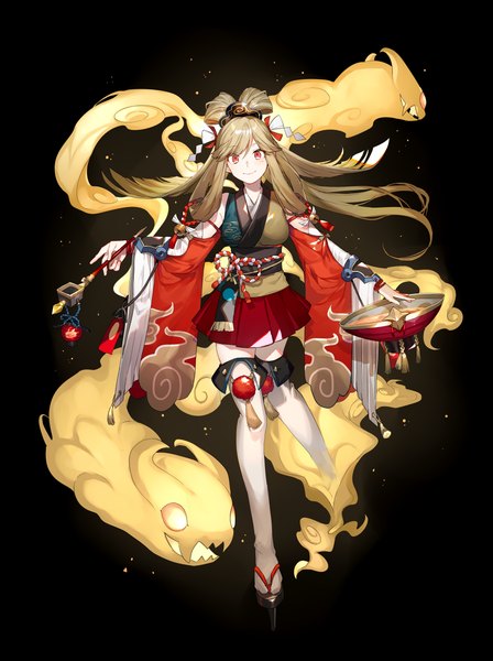 Anime picture 2894x3877 with onmyoji enenra (onmyoji) newo (shinra-p) single tall image highres simple background blonde hair smile red eyes full body traditional clothes japanese clothes floating hair hair rings girl thighhighs white thighhighs kimono obi