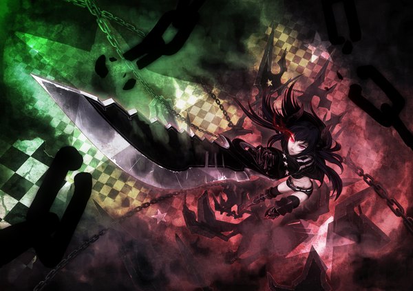 Anime picture 3508x2480 with black rock shooter black gold saw un (alternatif) single long hair highres black hair smile red eyes absurdres horn (horns) checkered background girl thighhighs sword shorts star (symbol) chain bikini top