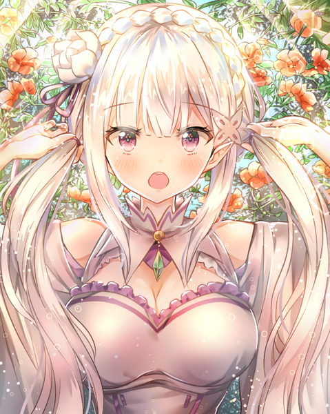 Anime picture 800x1002 with re:zero kara hajimeru isekai seikatsu white fox emilia (re:zero) melings (aot2846) single long hair tall image looking at viewer blush fringe breasts open mouth hair between eyes large breasts purple eyes twintails payot silver hair upper body blunt bangs