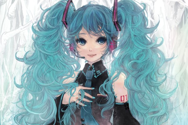 Anime picture 1500x1000 with vocaloid hatsune miku pisuke single long hair open mouth twintails aqua eyes aqua hair girl detached sleeves