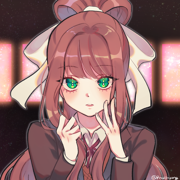 Anime picture 800x800 with doki doki literature club monika (doki doki literature club) prodonyang single long hair looking at viewer blush fringe brown hair holding green eyes signed payot upper body ponytail blunt bangs long sleeves parted lips twitter username hand on face