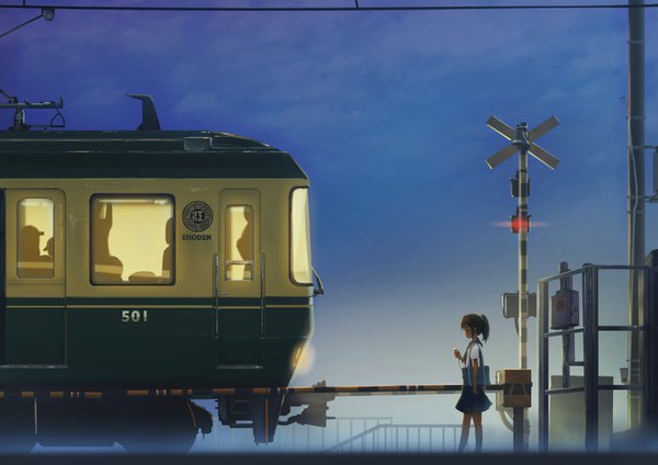 Anime picture 3508x2480 with original ipod mitsuki (yu hsiang yi) highres brown hair absurdres sky ponytail profile evening solo focus walking silhouette railroad crossing girl uniform serafuku bag school bag shoulder bag