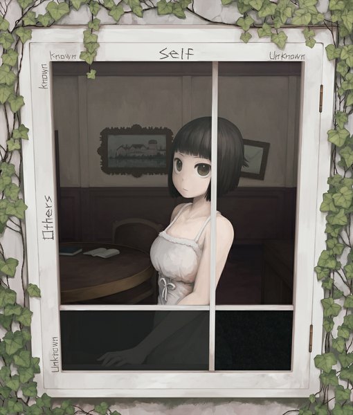 Anime picture 850x1000 with original yajirushi (chanoma) single tall image looking at viewer fringe short hair black hair bare shoulders brown eyes sleeveless text english girl dress window white dress book (books) chair sundress