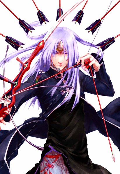 Anime picture 1280x1862 with moneynew single long hair tall image highres simple background white background purple hair eyes closed traditional clothes horn (horns) chinese clothes chinese zodiac horse (chinese zodiac) boy weapon earrings feather (feathers) bow (weapon) arrow (arrows)