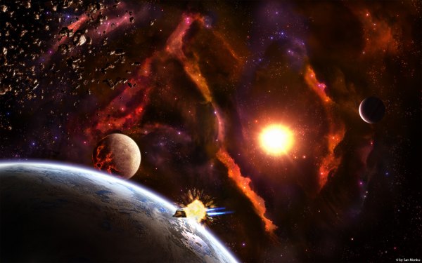 Anime picture 1680x1050 with original sanmonku wide image wallpaper light no people space star (stars) planet spacecraft