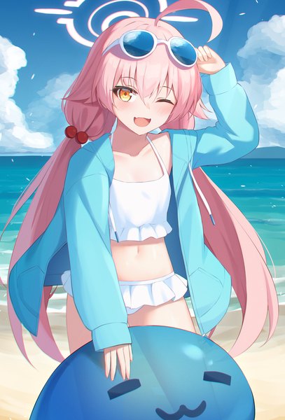 Anime picture 1111x1637 with blue archive hoshino (blue archive) hoshino (swimsuit) (blue archive) fuka kurotsuji single long hair tall image looking at viewer fringe open mouth hair between eyes twintails yellow eyes pink hair sky cloud (clouds) ahoge one eye closed wink open jacket