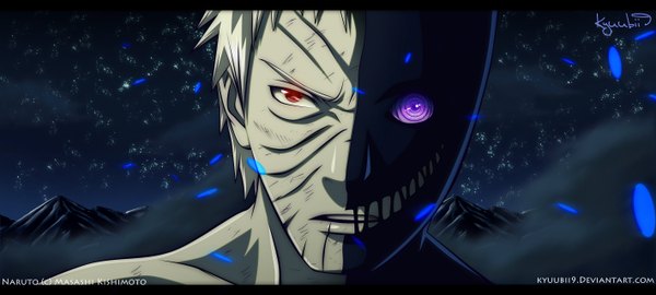 Anime picture 2835x1276 with naruto studio pierrot naruto (series) uchiha obito tobi kyuubii9 single highres short hair red eyes wide image purple eyes white hair night night sky heterochromia coloring scar close-up smoke