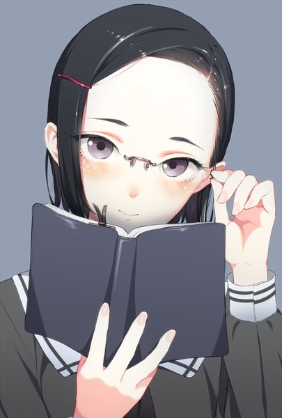 Anime picture 676x1000 with original aida takanobu single tall image looking at viewer blush short hair black hair simple background purple eyes holding grey background adjusting glasses girl uniform school uniform glasses serafuku hairclip book (books)