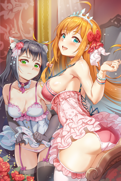 Anime picture 669x1000 with princess connect! re:dive princess connect! karyl (princess connect!) pecorine (princess connect!) miazi long hair tall image looking at viewer blush fringe breasts open mouth blue eyes light erotic black hair smile large breasts standing multiple girls green eyes