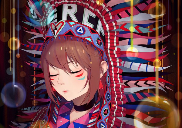 Anime picture 3507x2480 with undertale frisk (undertale) gu yu sang single fringe highres short hair open mouth simple background hair between eyes brown hair absurdres eyes closed alternate costume portrait face paint androgynous choker bubble (bubbles) native american headdress