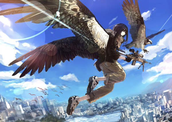 Anime picture 2048x1464 with original hashimoto kokai single long hair highres black hair brown eyes sky cloud (clouds) open jacket city cityscape flying personification sniper bird girl girl gloves weapon animal