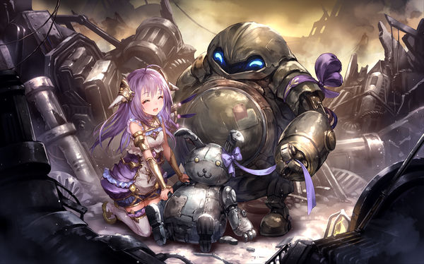 Anime picture 2004x1252 with shadowverse aenea liiko single long hair blush highres open mouth smile wide image payot purple hair full body ahoge bent knee (knees) outdoors eyes closed horn (horns) wind arm support