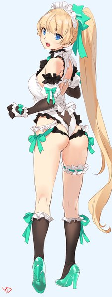 Anime picture 1000x2652 with expelled from paradise angela balzac yd (orange maru) single tall image looking at viewer blush fringe breasts open mouth blue eyes light erotic simple background blonde hair hair between eyes signed ass ponytail very long hair looking back