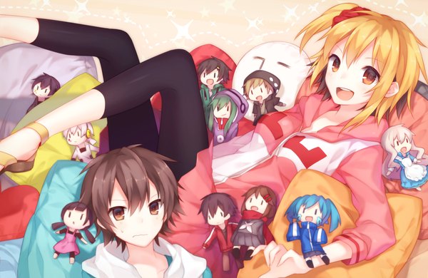 Anime picture 1538x1000 with kagerou project shaft (studio) tateyama ayano mary (kagerou project) ene (kagerou project) kisaragi shintarou kido tsubomi kano shuuya kisaragi momo konoha (kagerou project) seto kousuke amamiya hibiya asahina hiyori chocoan looking at viewer short hair open mouth blonde hair smile multiple girls