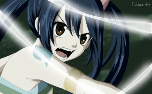 Anime picture 1513x933 with fairy tail wendy marvell fabiansm single long hair open mouth wide image twintails brown eyes blue hair cloud (clouds) tattoo night sky coloring angry girl star (stars)